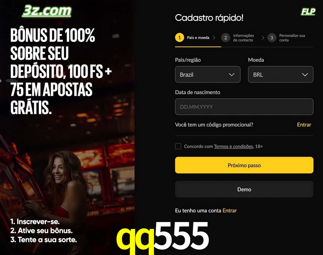 qq555 registro oficial cassino online Brasil com bônus de depósito e free spins